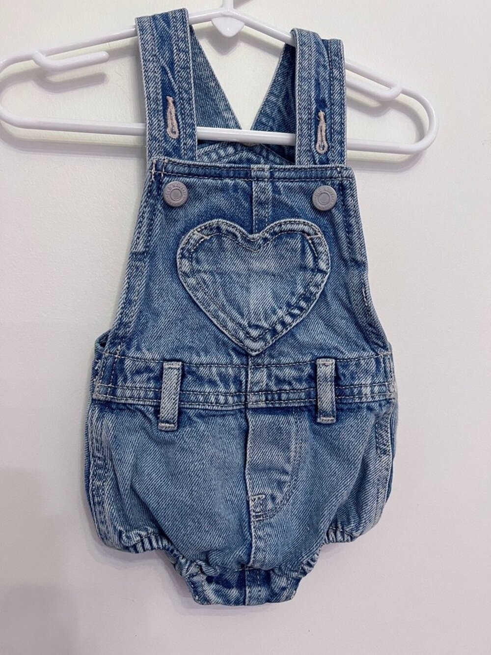 Old Navy Baby Girl Heart-Patch Denim Bubble Shortall Romper Overalls - Size 3-6M